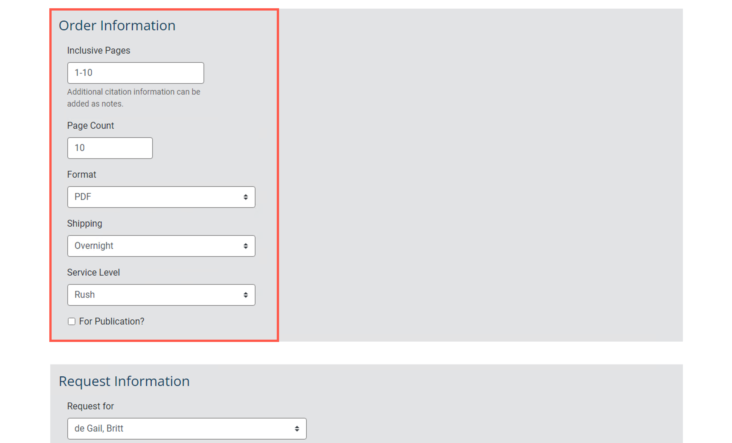 Order information section